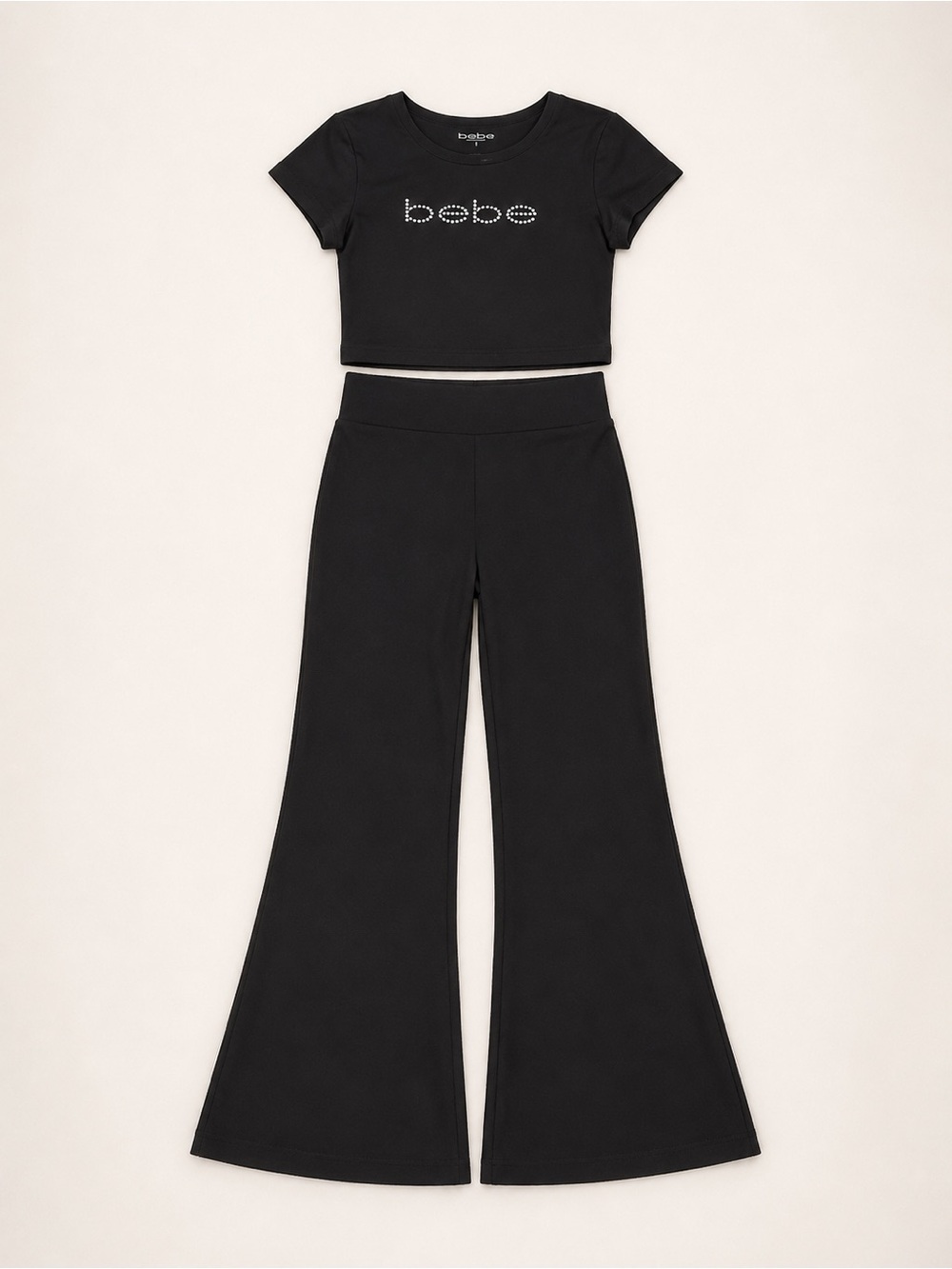 bebe Black Ribbed Crop Top with Rhinestone Logo & Black Flare Pants